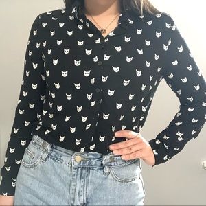 Cartoon Cat Print Button Up Blouse
